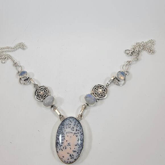 Handmade Dendritic Agate Necklace Sterling Silver Moonstone Accent Unique Design - Picture 2 of 10